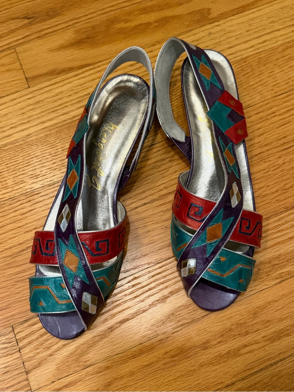 Margaret J. Women's Multicolor Leather Geometric Slingback Sandals VTG 80s